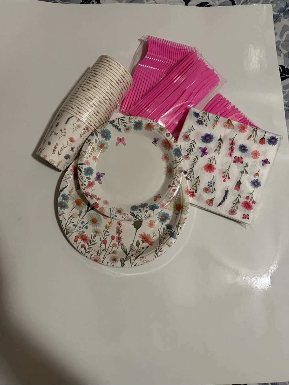 Floral Paper Party Set with Hot Pink Cutlery and Napkins
